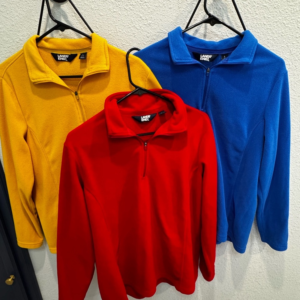 Lands' End Fleece Jackets in Red, Yellow, and Blue